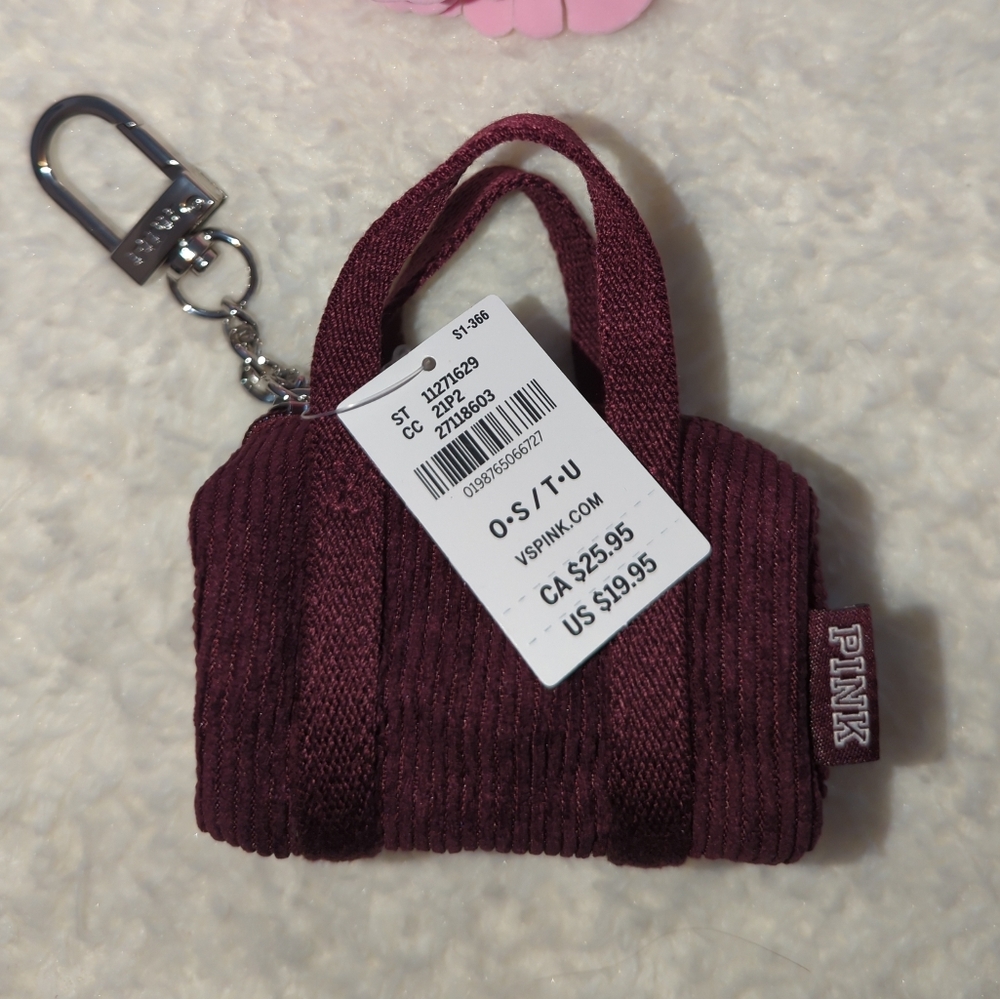 PINK Victoria's Secret Maroon Mini Corduroy Duffel Keychain With Zip NWT $20
